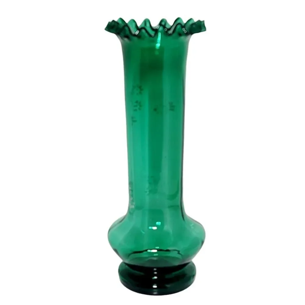 Moser Bohemian Czech Hand Blown Glass Hand Painted Green Enamel Ruffled Vase 10”